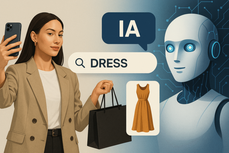 Ilustración de inteligencia artificial y una influencer representando el cambio en las decisiones de compra en la moda